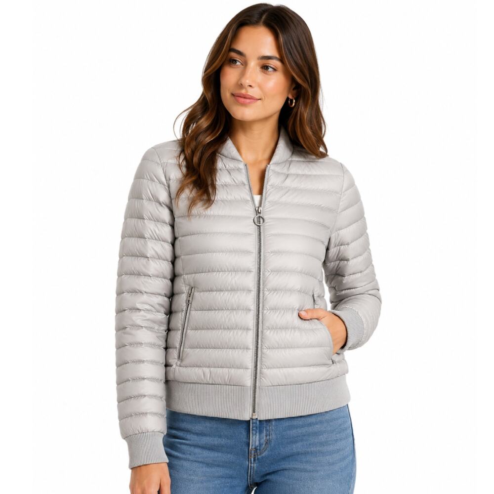 Michael Kors Packable Down Fill Puffer Jacket Womens S Light Gray Zip Front